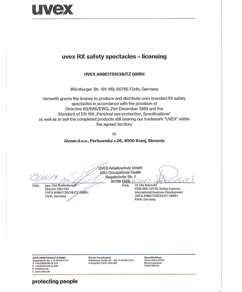 zaščitna dioptrijska očala - certifikat