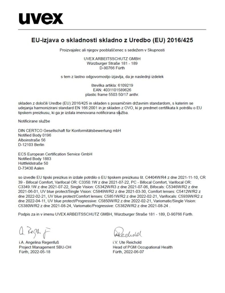 zaščitna očala - izjava o skladnosti